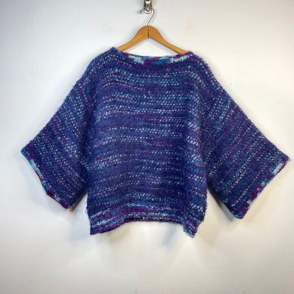 Vintage Handmade Wool Mohair Fuzzy Wide Sleeve Short Sweater Top Blue Purple - Picture 1 of 9